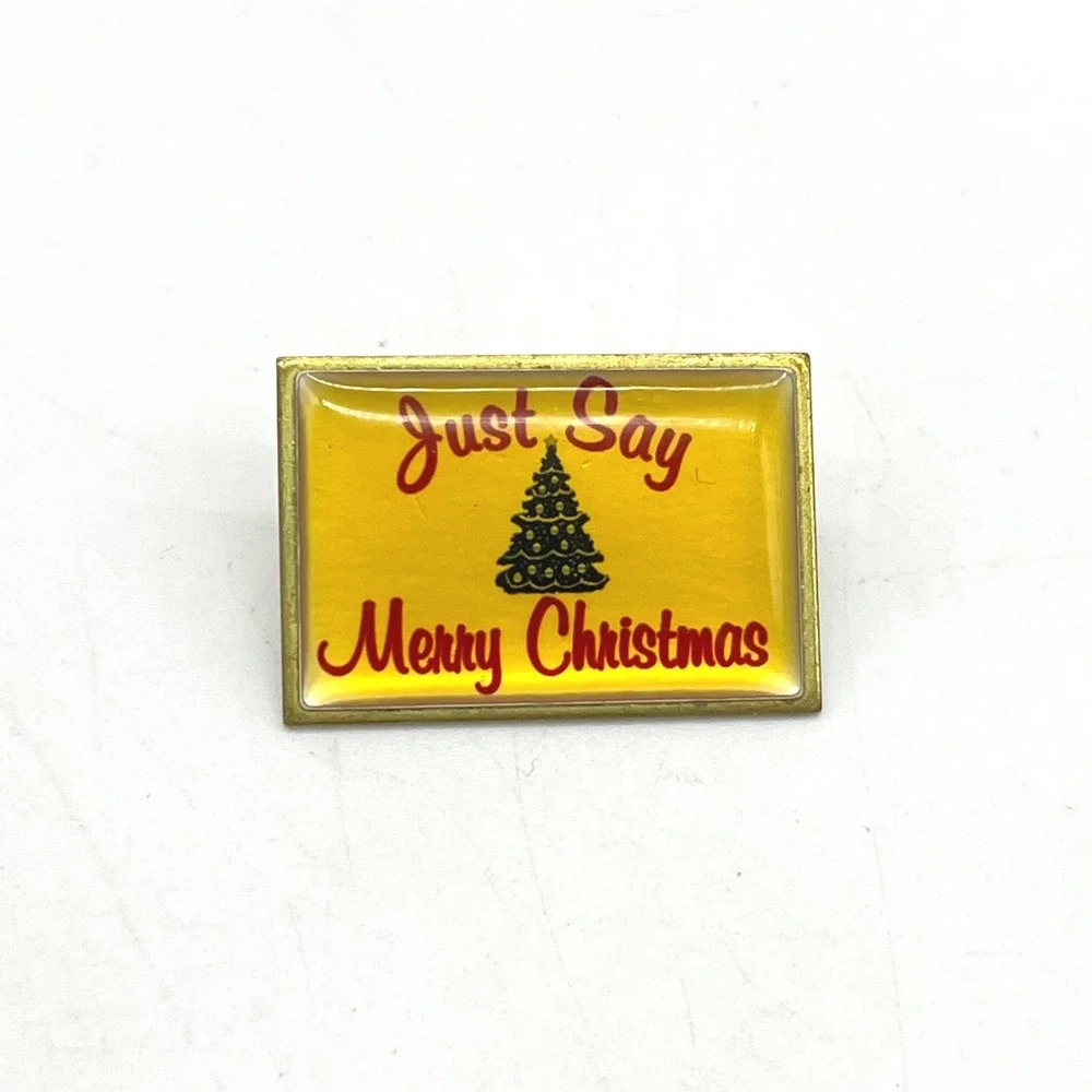 Just Say Merry Christmas Vintage Style Yellow Lapel Pin Xmas Tree Made in‎ USA